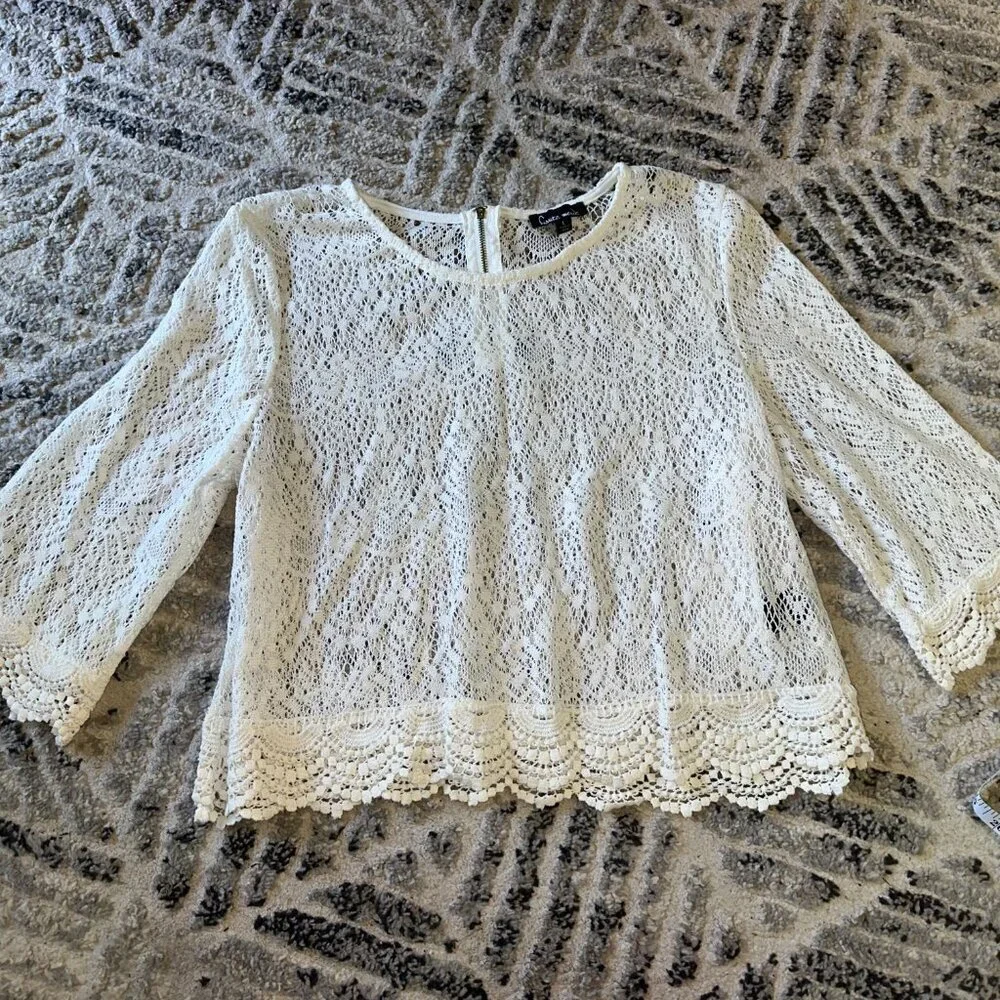 Haute Monde White 3/4 Bell Sleeve Women's Lace Blouse Large